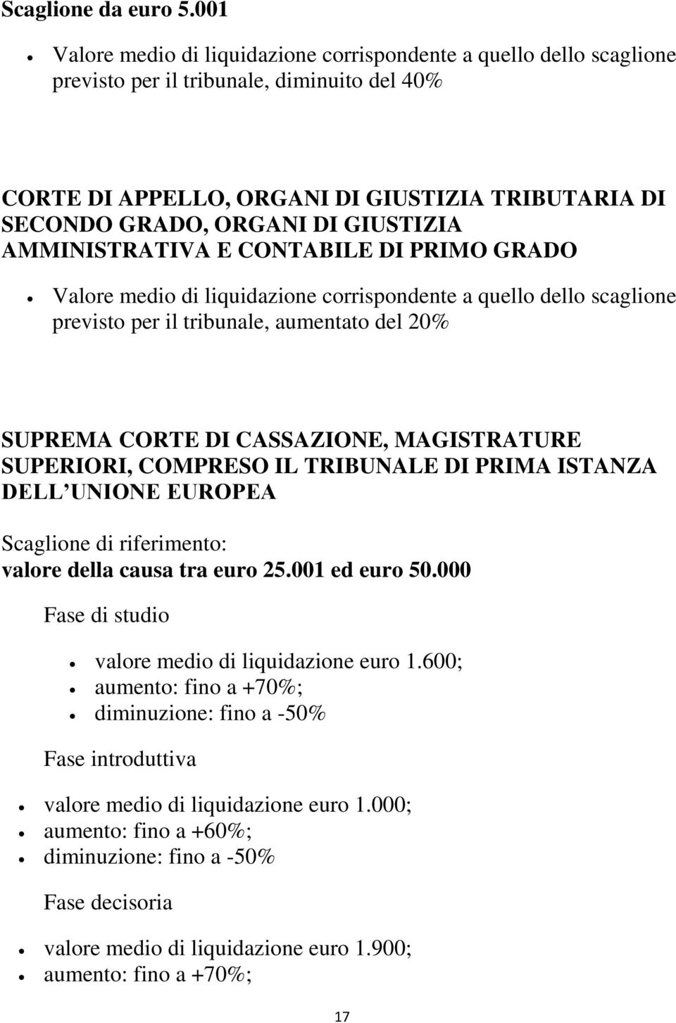 GIUSTIZIA AMMINISTRATIVA E CONTABILE DI PRIMO GRADO Valore medio di liquidazione corrispondente a quello dello scaglione previsto per il tribunale, aumentato del 20% SUPREMA CORTE DI CASSAZIONE,