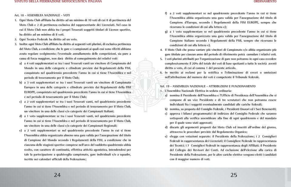 Nel caso in cui il Moto Club non abbia tra i propri Tesserati soggetti titolari di Licenze sportive, ha diritto ad un minimo di 8 voti. 2. Ogni Tecnico Federale ha diritto ad un voto. 3.