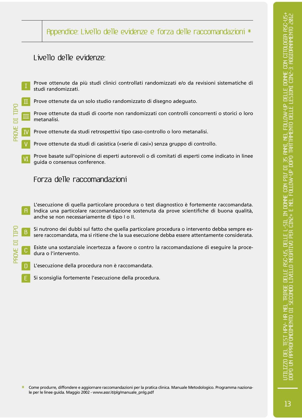 Prove ottenute da studi di coorte non randomizzati con controlli concorrenti o storici o loro metanalisi. Prove ottenute da studi retrospettivi tipo caso-controllo o loro metanalisi.