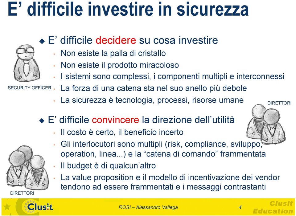 E difficile convincere la direzione dell utilità Il costo è certo, il beneficio incerto Gli interlocutori sono multipli (risk, compliance, sviluppo, operation, linea.