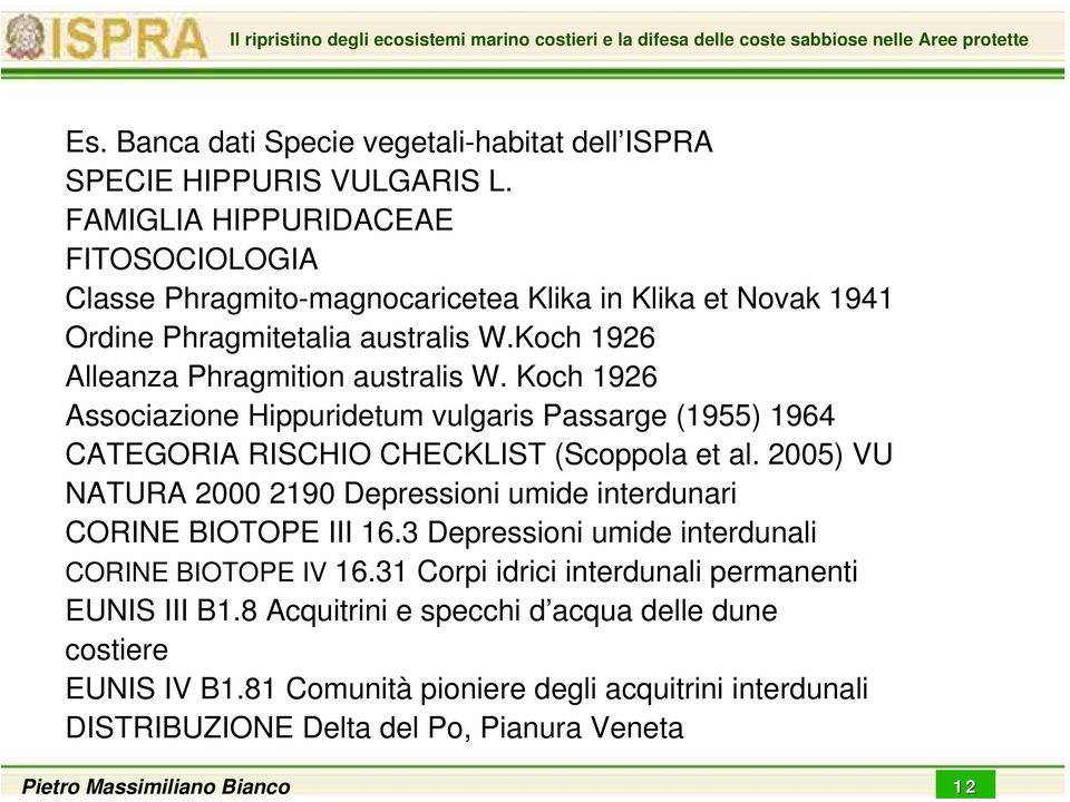 Koch 1926 Associazione Hippuridetum vulgaris Passarge (1955) 1964 CATEGORIA RISCHIO CHECKLIST (Scoppola et al.