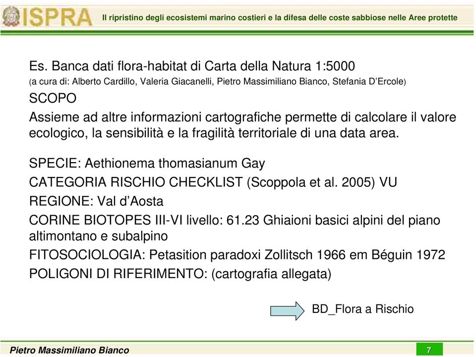 SPECIE: Aethionema thomasianum Gay CATEGORIA RISCHIO CHECKLIST (Scoppola et al. 2005) VU REGIONE: Val d Aosta CORINE BIOTOPES III-VI livello: 61.