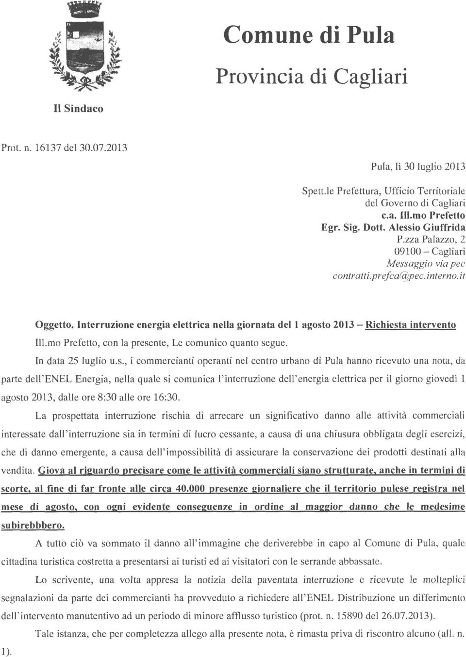 lnterruzione energia elettrica nella giornata del 1 agost