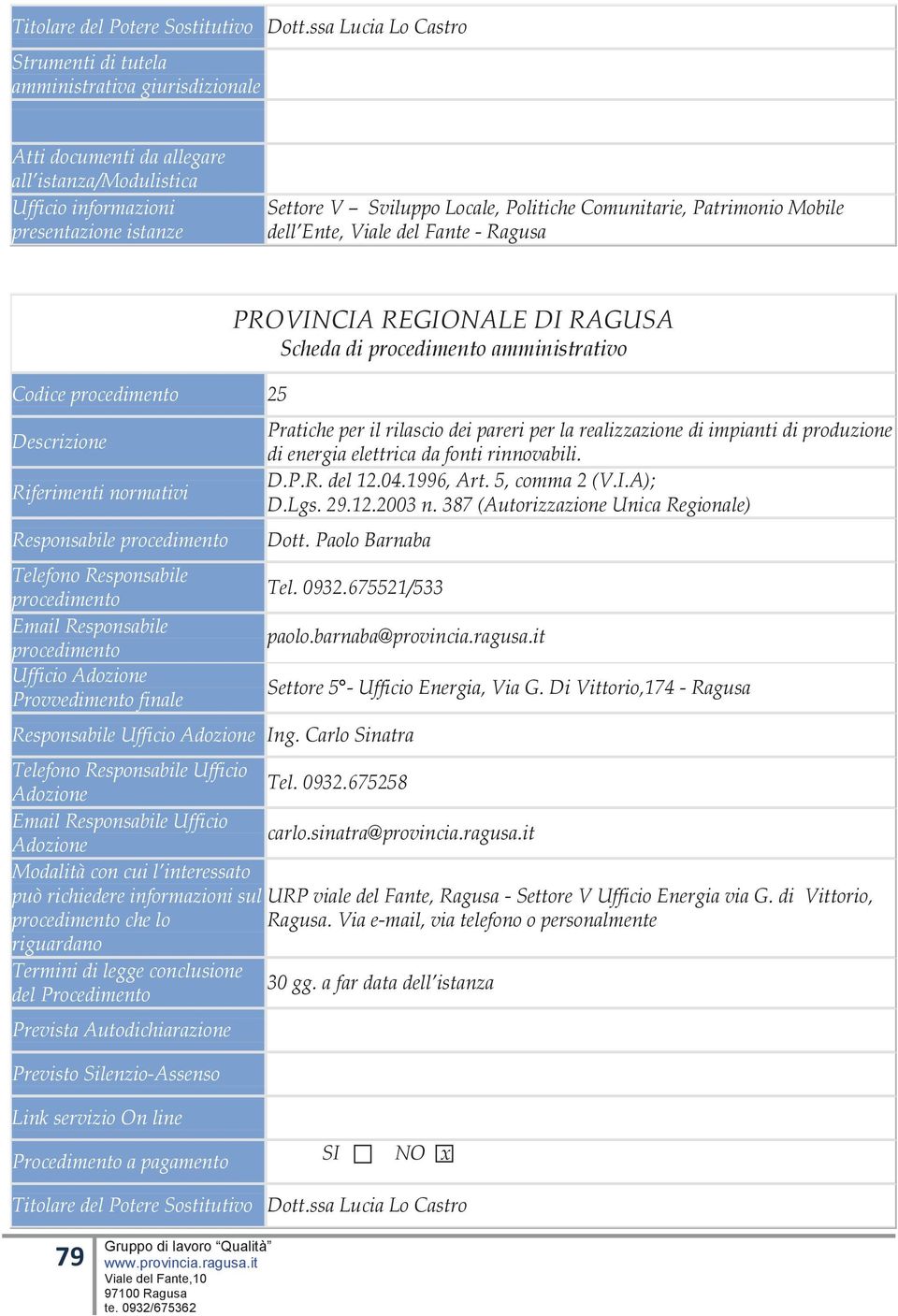 Politiche Comunitarie, Patrimonio Mobile dell Ente, Viale del Fante - Ragusa Codice 25 Descrizione Riferimenti normativi Responsabile Telefono Responsabile Email Responsabile Ufficio Provvedimento