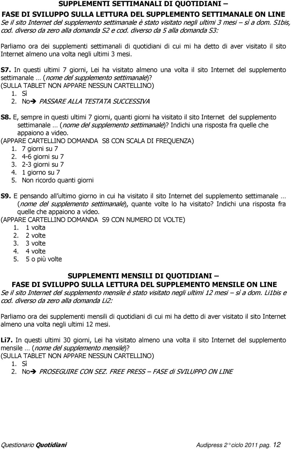 diverso da 5 alla domanda S3: Parliamo ora dei supplementi settimanali di quotidiani di cui mi ha detto di aver visitato il sito Internet almeno una volta negli ultimi 3 mesi. S7.