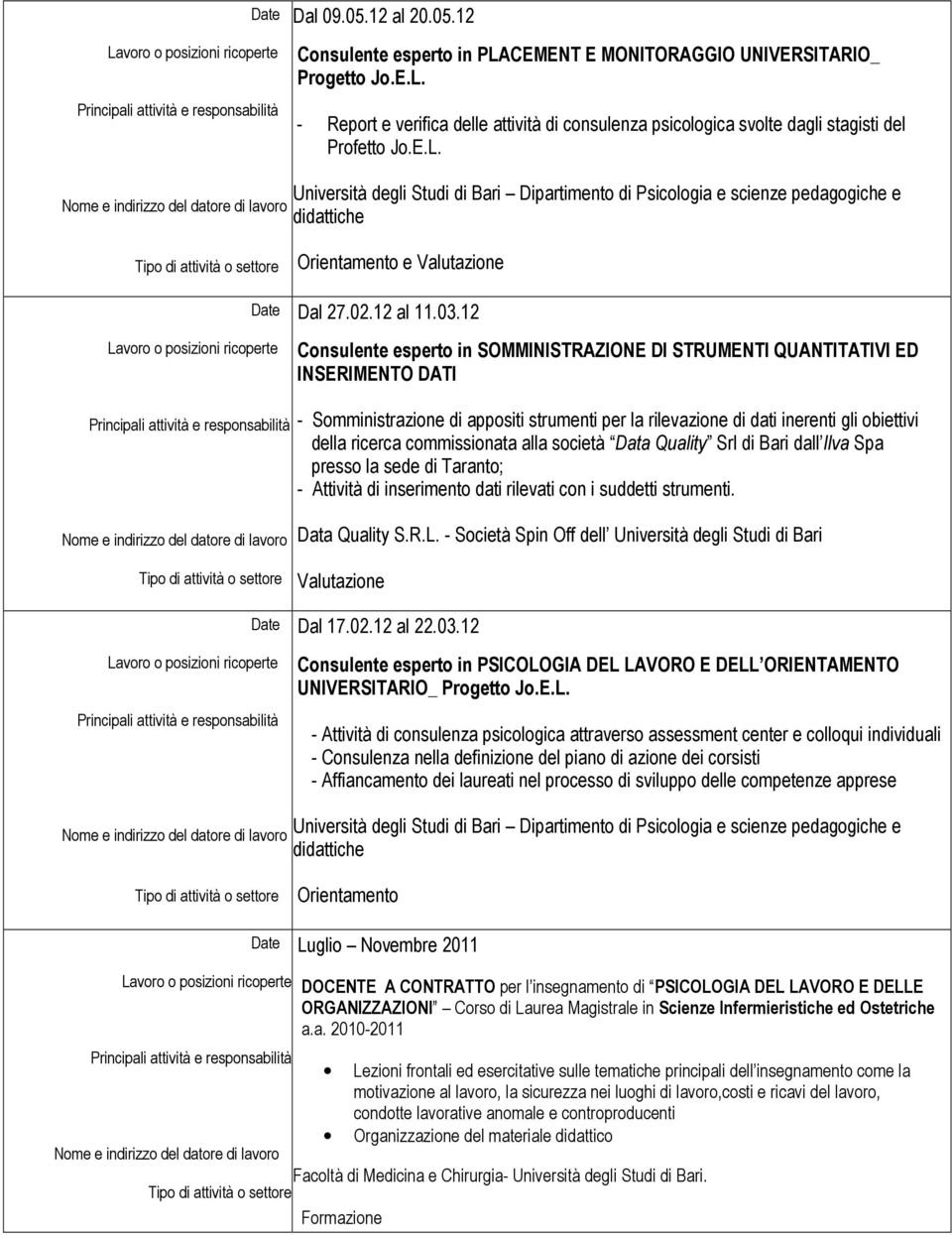 12 Consulente esperto in SOMMINISTRAZIONE DI STRUMENTI QUANTITATIVI ED INSERIMENTO DATI - Somministrazione di appositi strumenti per la rilevazione di dati inerenti gli obiettivi della ricerca