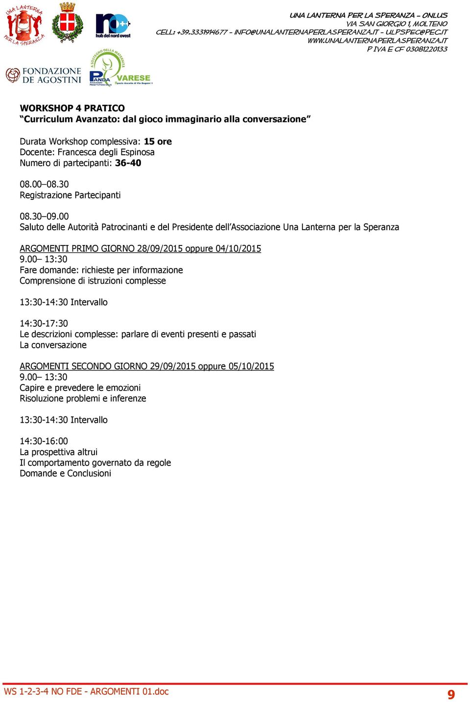 00 Saluto delle Autorità Patrocinanti e del Presidente dell Associazione Una Lanterna per la Speranza ARGOMENTI PRIMO GIORNO 28/09/2015 oppure 04/10/2015 9.