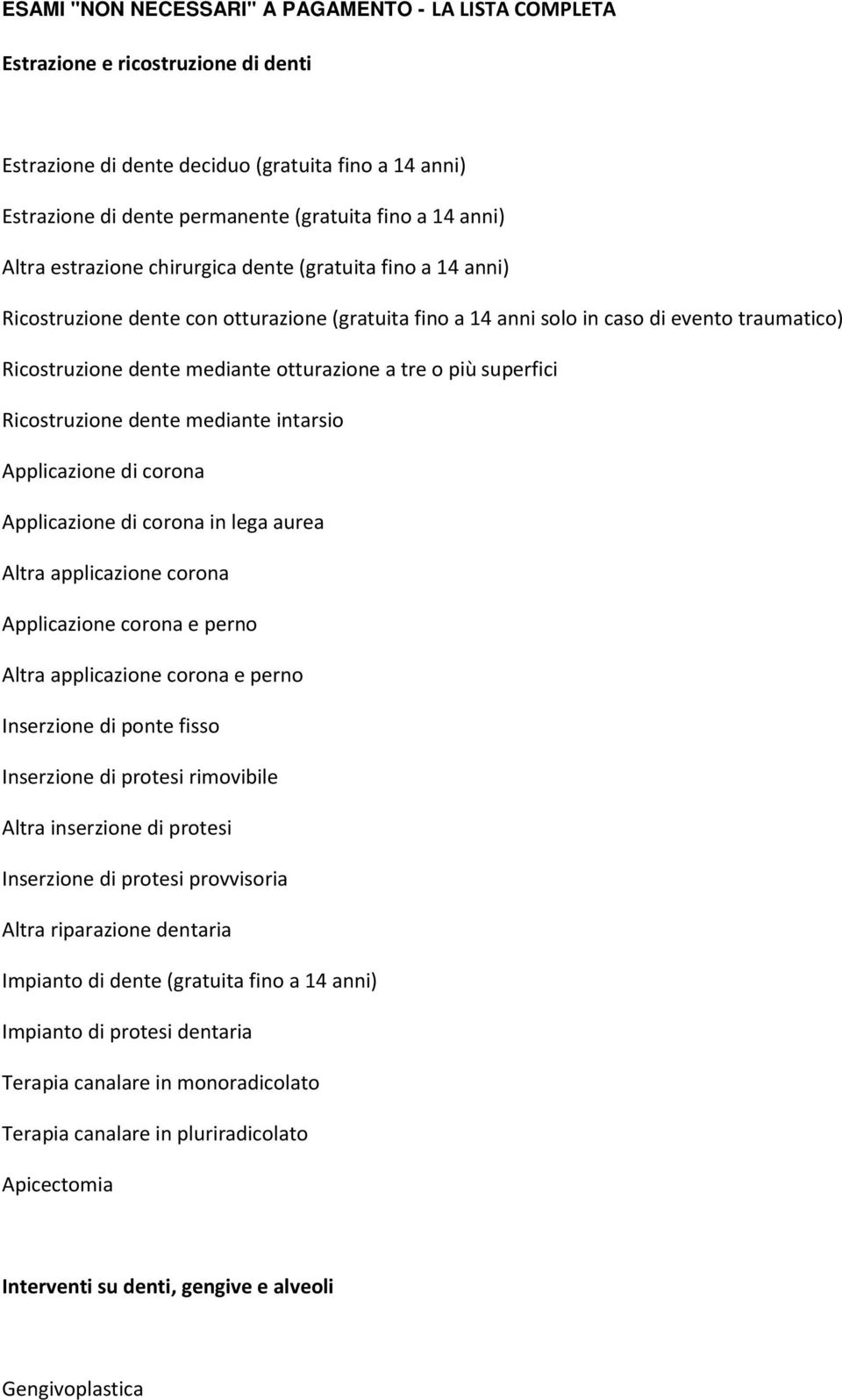 otturazione a tre o più superfici Ricostruzione dente mediante intarsio Applicazione di corona Applicazione di corona in lega aurea Altra applicazione corona Applicazione corona e perno Altra