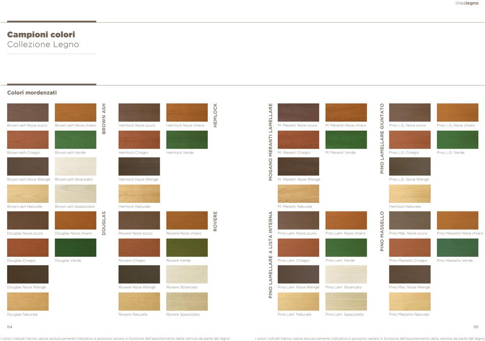 Meranti Verde PINO LAMELLARE GIUNTATO Pino L.G. Noce scuro Pino L.G. Ciliegio Pino L.G. Noce Wengè Pino L.G. Noce chiaro Pino L.G. Verde Brown ash Naturale Brown ash Spazzolato Hemlock Naturale M.