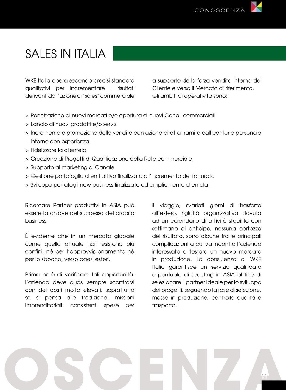 derivanti dall azione di sales commerciale Gli ambiti di operatività sono: > Penetrazione di nuovi mercati e/o apertura di nuovi Canali commerciali > Lancio di nuovi prodotti e/o servizi > Incremento