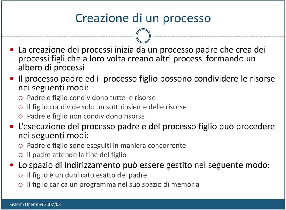 delle dll risorse Padre e figlio non condividono risorse L esecuzione del processo padre e del processo figlio può procedere nei seguenti modi: Padre e figlio sono eseguiti in maniera