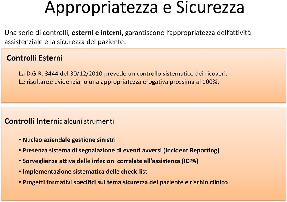 3444 del 30/12/2010 prevede un controllo sistematico dei ricoveri: Le risultanze evidenziano una appropriatezza erogativa prossima al 100%.