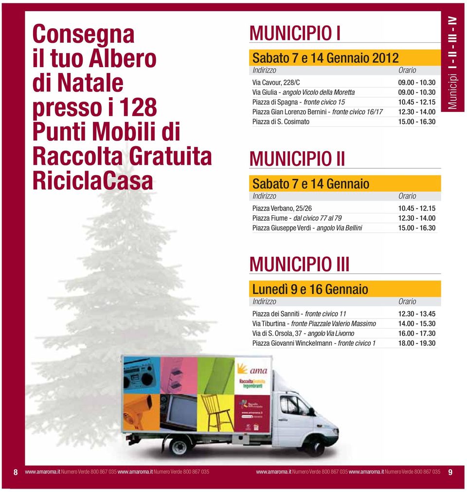 30 MUNICIPIO II Sabato 7 e 14 Gennaio Piazza Verbano, 25/26 10.45-12.15 Piazza Fiume - dal civico 77 al 79 12.30-14.00 Piazza Giuseppe Verdi - angolo Via Bellini 15.00-16.