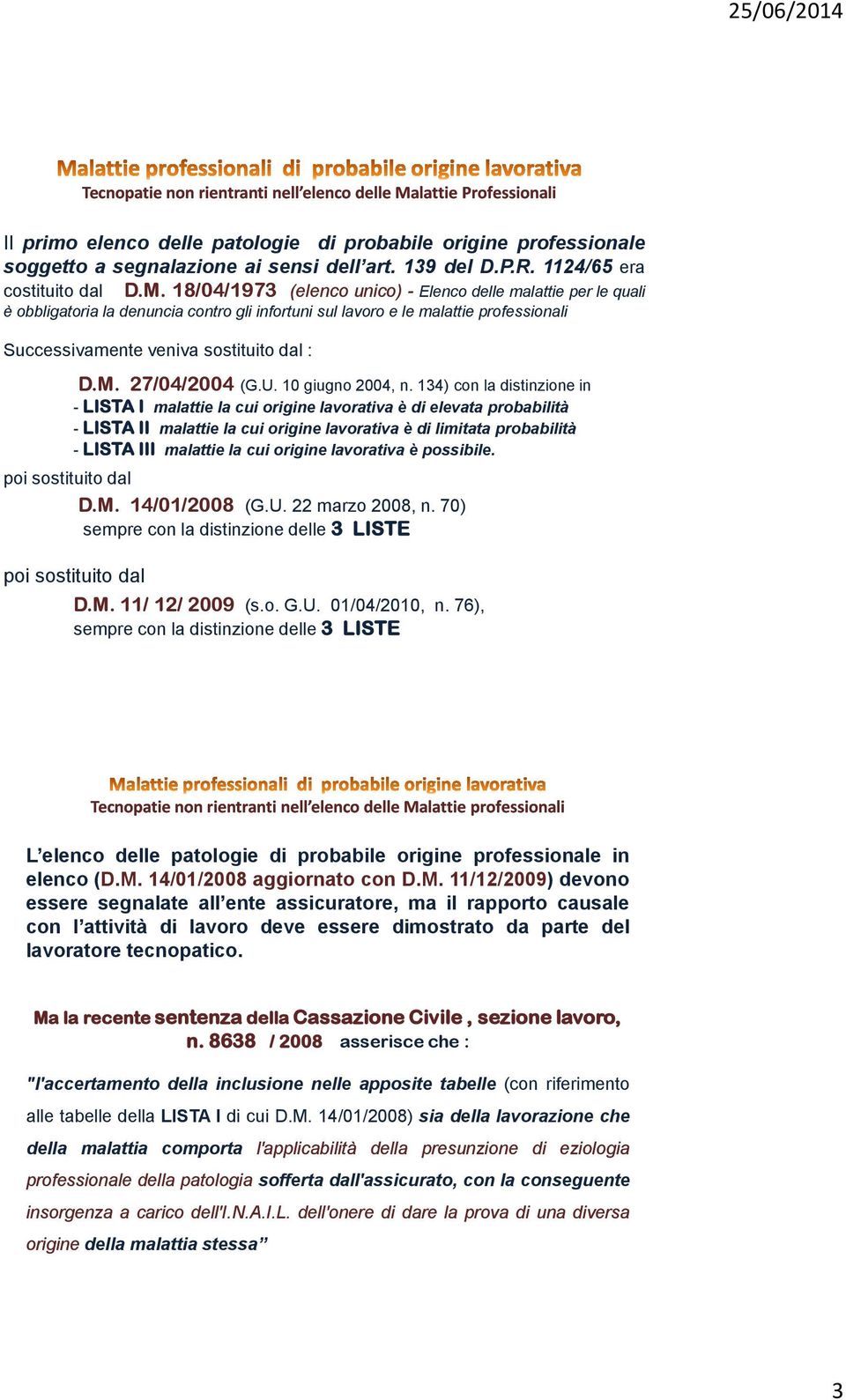 18/04/1973 (elenco unico) - Elenco delle malattie per le quali è obbligatoria la denuncia contro gli infortuni sul lavoro e le malattie professionali Successivamente veniva sostituito dal : D.M.