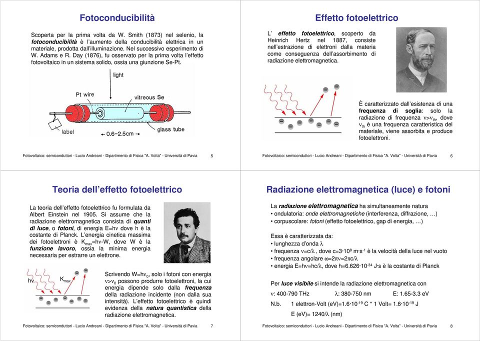Effetto fotoelettrico L effetto fotoelettrico, scoperto da Heinrich Hertz nel 1887, consiste nell estrazione di elettroni dalla materia come conseguenza dell assorbimento di radiazione
