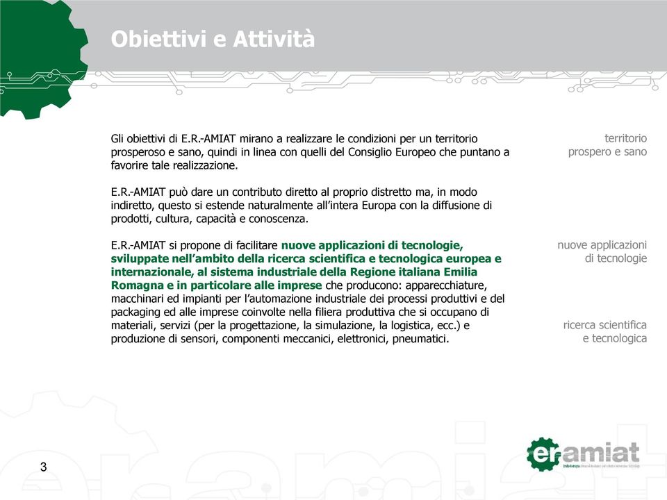 R.-AMIAT può dare un contributo diretto al proprio distretto ma, in modo indiretto, questo si estende naturalmente all intera Europa con la diffusione di prodotti, cultura, capacità e conoscenza.