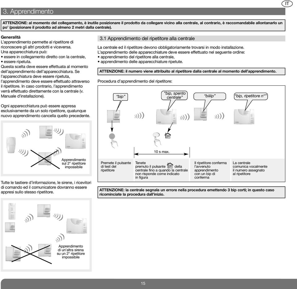 Una apparecchiatura può: essere in collegamento diretto con la centrale, essere ripetuta. Questa scelta deve essere effettuata al momento dell apprendimento dell apparecchiatura.