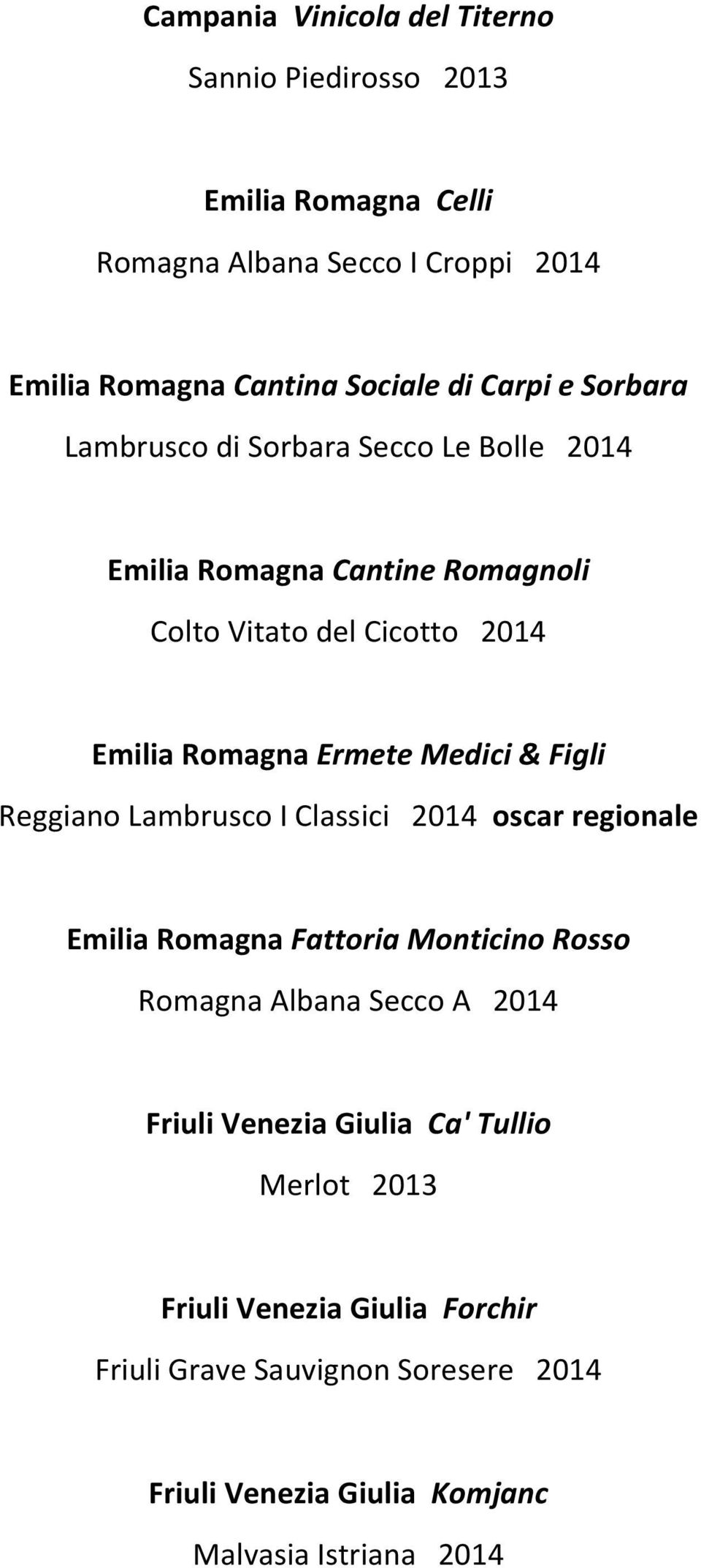 Medici & Figli Reggiano Lambrusco I Classici 2014 oscar regionale Emilia Romagna Fattoria Monticino Rosso Romagna Albana Secco A 2014 Friuli