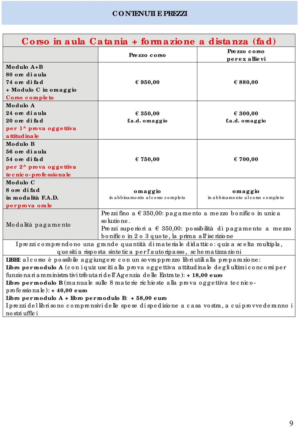 per prova orale Prezzo corso Prezzo corso per ex allievi 950,00 880,00 350,00 f.a.d.