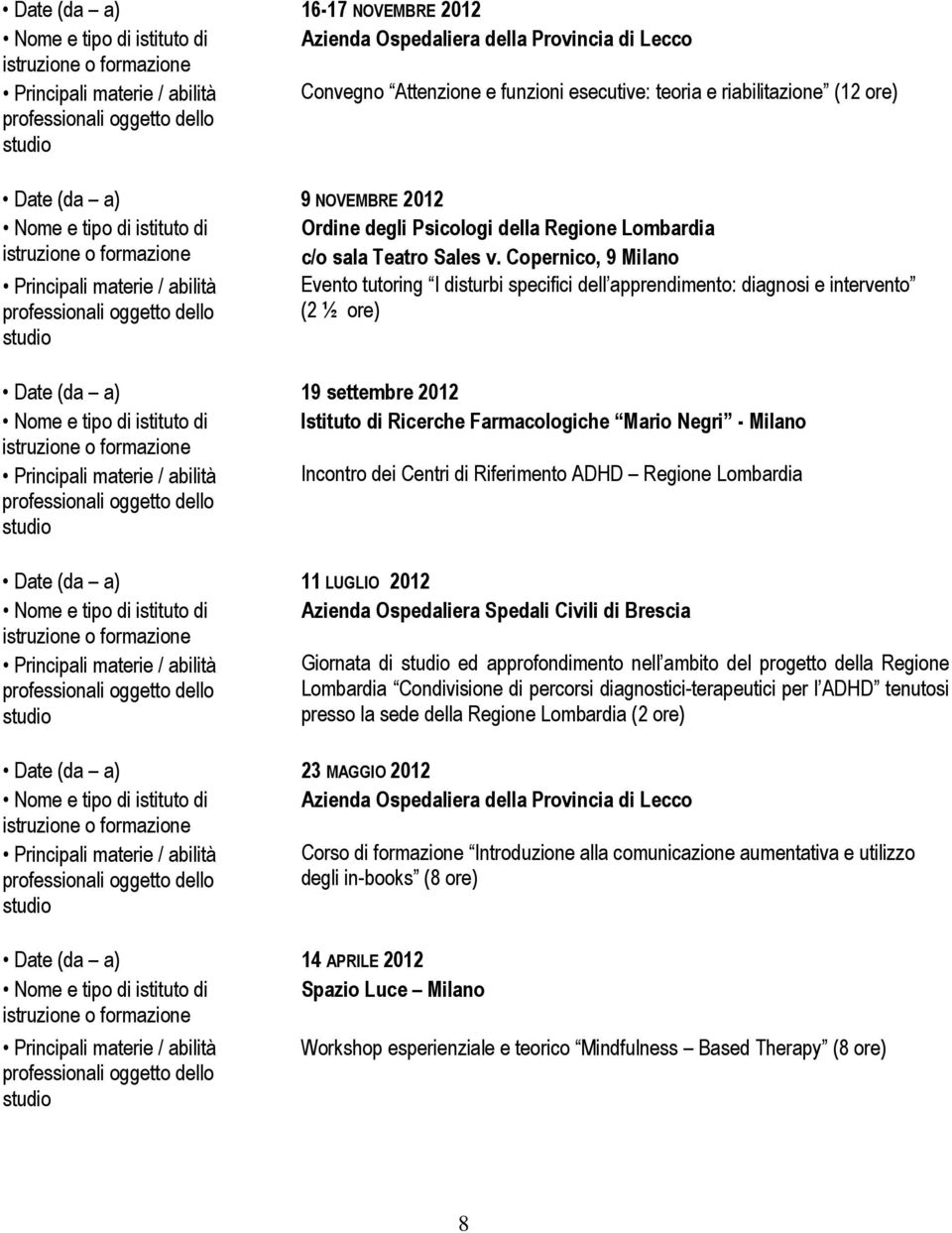 Copernico, 9 Milano Principali materie / abilità Evento tutoring I disturbi specifici dell apprendimento: diagnosi e intervento (2 ½ ore) Date (da a) 19 settembre 2012 Nome e tipo di istituto di
