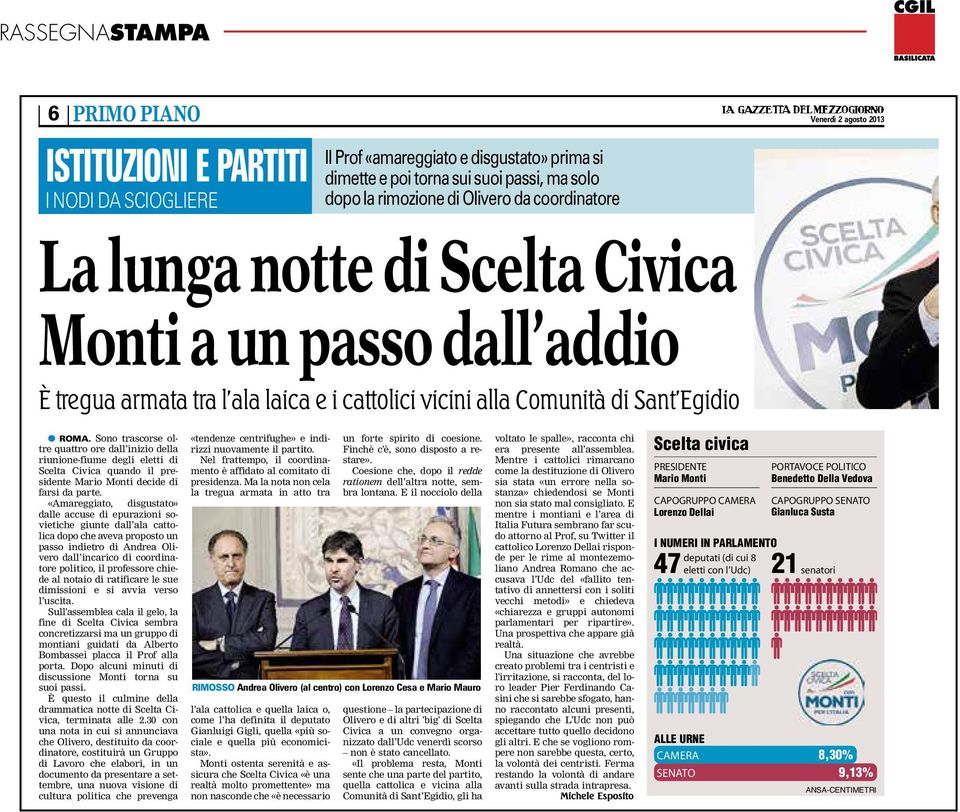 Sono trascorse oltre quattro ore dall inizio della riunione-fiume degli eletti di Scelta Civica quando il presidente Mario Monti decide di farsi da parte.