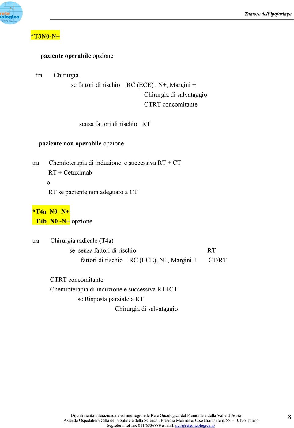 se paziente non adeguato a CT *T4a N0 -N+ T4b N0 -N+ opzione tra Chirurgia radicale (T4a) se senza fattori di rischio fattori