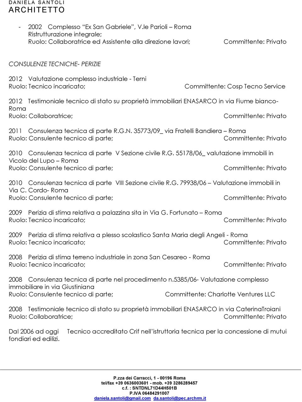 Tecno Service 2012 Testimoniale tecnico di stato su proprietà immobiliari ENASARCO in via Fiume bianco- Roma Ruolo: Collaboratrice; 2011 Consulenza tecnica di parte R.G.N. 35773/09_ via Fratelli Bandiera Roma 2010 Consulenza tecnica di parte V Sezione civile R.