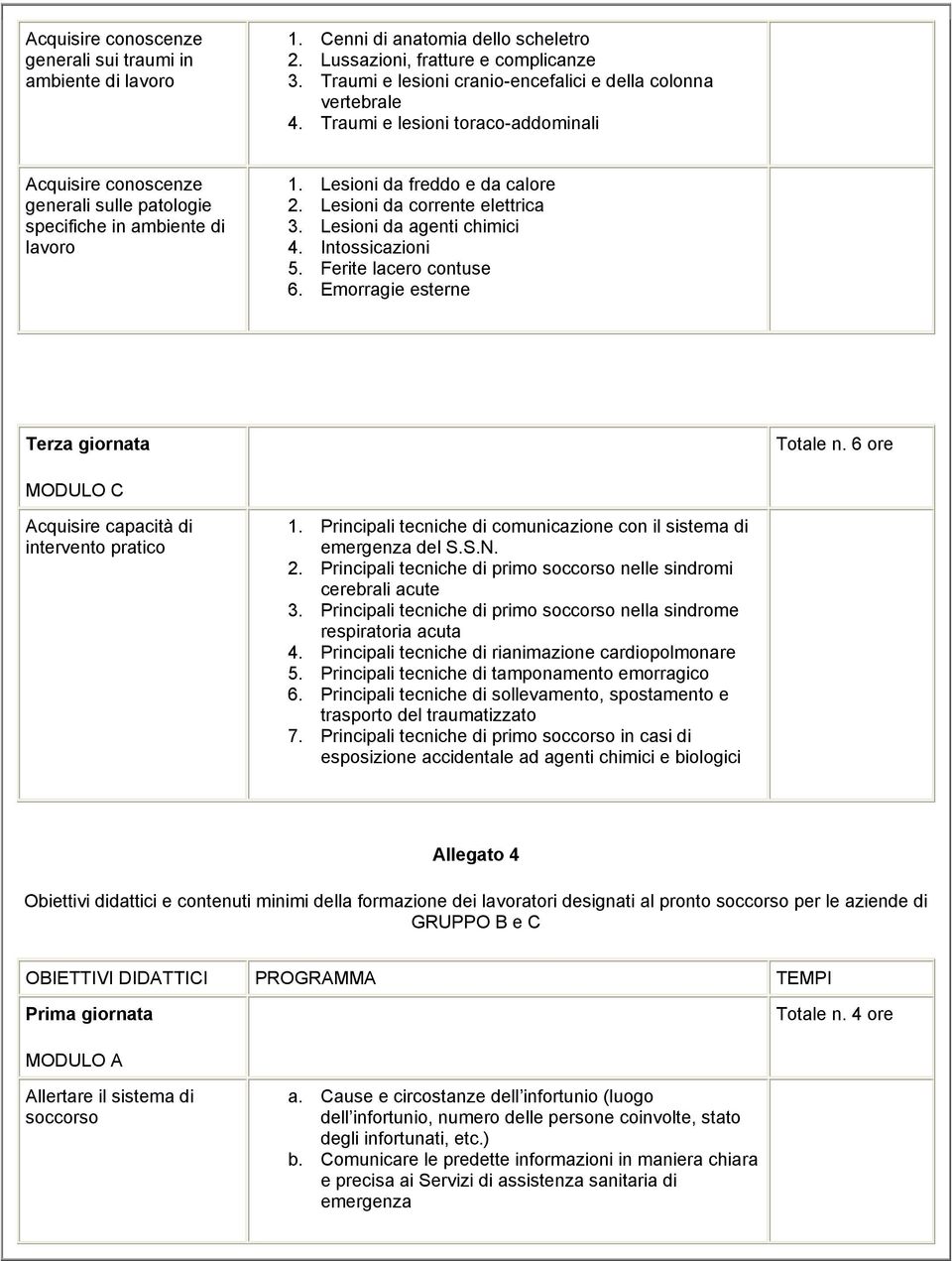 Lesioni da freddo e da calore 2. Lesioni da corrente elettrica 3. Lesioni da agenti chimici 4. Intossicazioni 5. Ferite lacero contuse 6. Emorragie esterne Terza giornata Totale n.