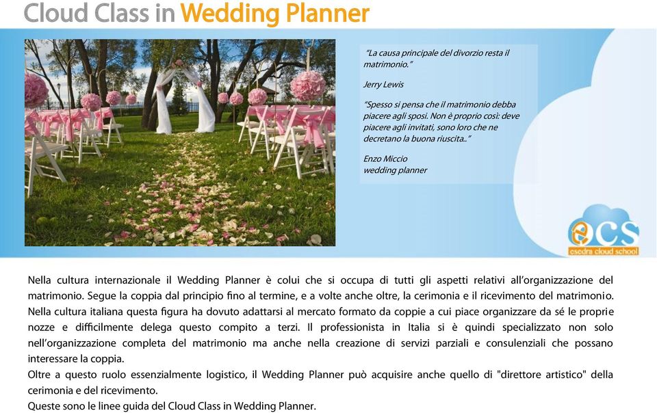 . Enzo Miccio wedding planner Nella cultura internazionale il Wedding Planner è colui che si occupa di tutti gli aspetti relativi all organizzazione del matrimonio.