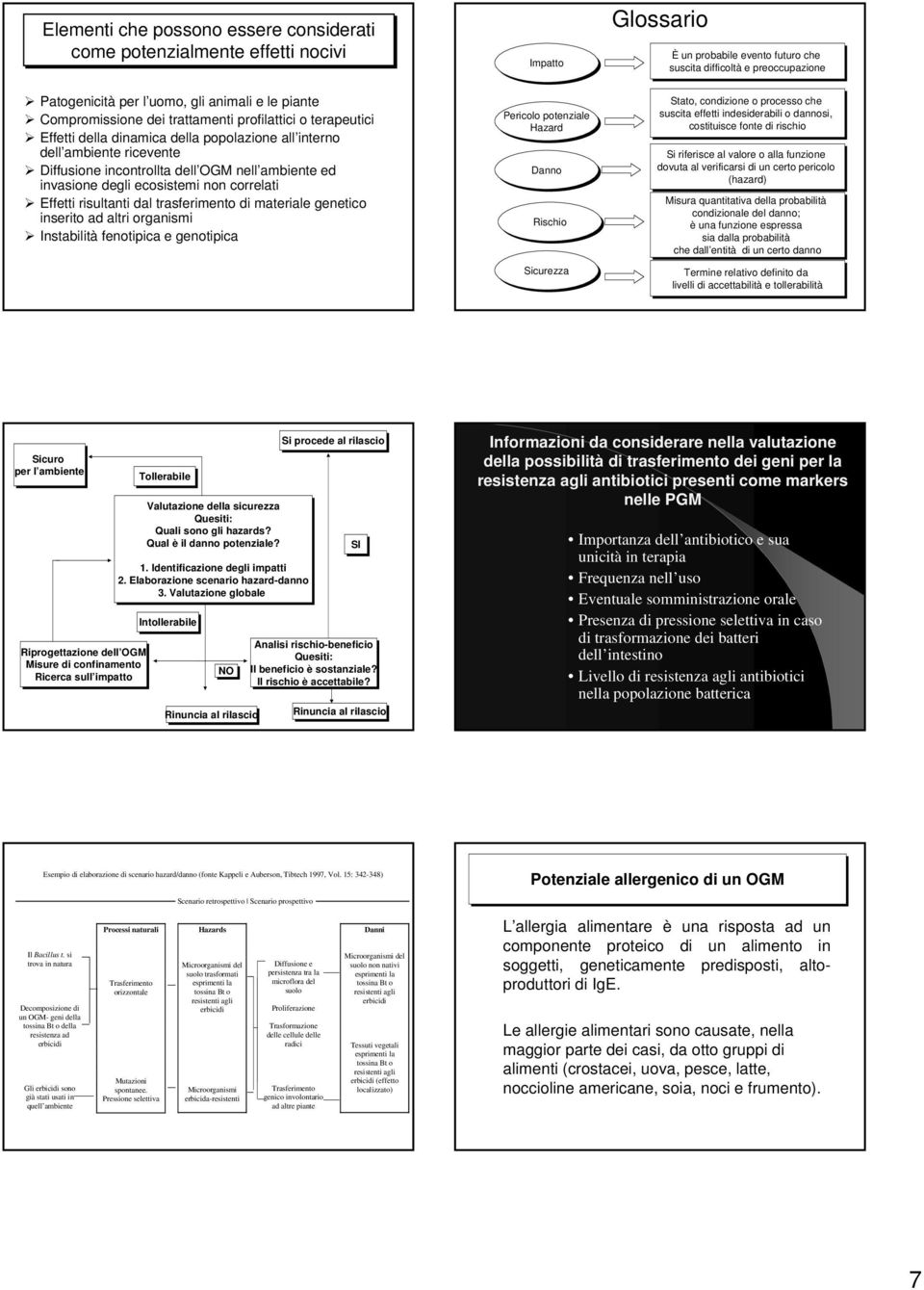 materiale genetico inserito ad altri organismi Instabilità fenotipica e genotipica Impatto Pericolo potenziale Hazard Danno Rischio Sicurezza Glossario È un probabile evento futuro che suscita