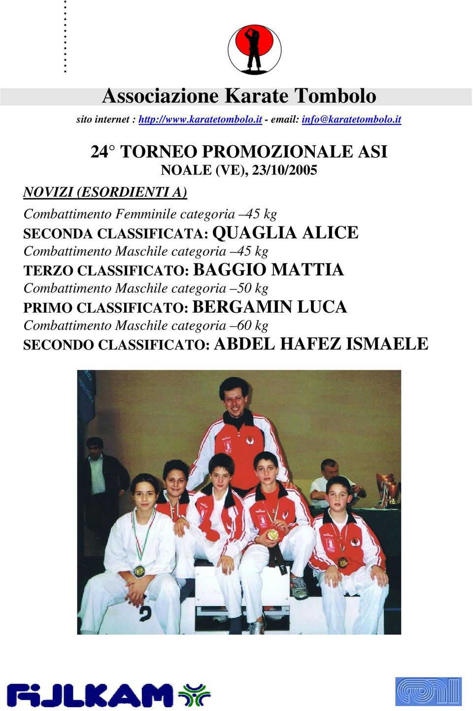 categoria 45 kg TERZO CLASSIFICATO: BAGGIO MATTIA Combattimento Maschile categoria 50 kg