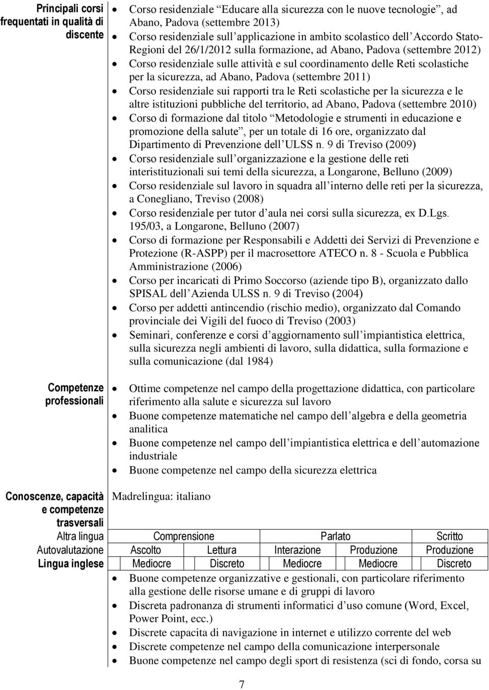 scolastiche per la sicurezza, ad Abano, Padova (settembre 2011) Corso residenziale sui rapporti tra le Reti scolastiche per la sicurezza e le altre istituzioni pubbliche del territorio, ad Abano,