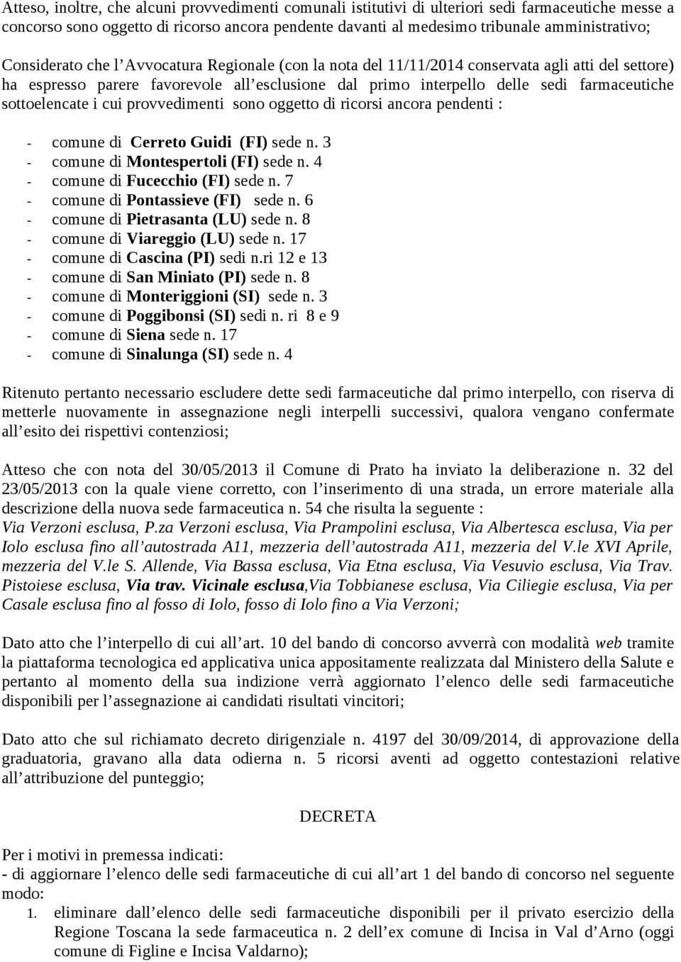 sottoelencate i cui provvedimenti sono oggetto di ricorsi ancora pendenti : - comune di Cerreto Guidi (FI) sede n. 3 - comune di Montespertoli (FI) sede n. 4 - comune di Fucecchio (FI) sede n.