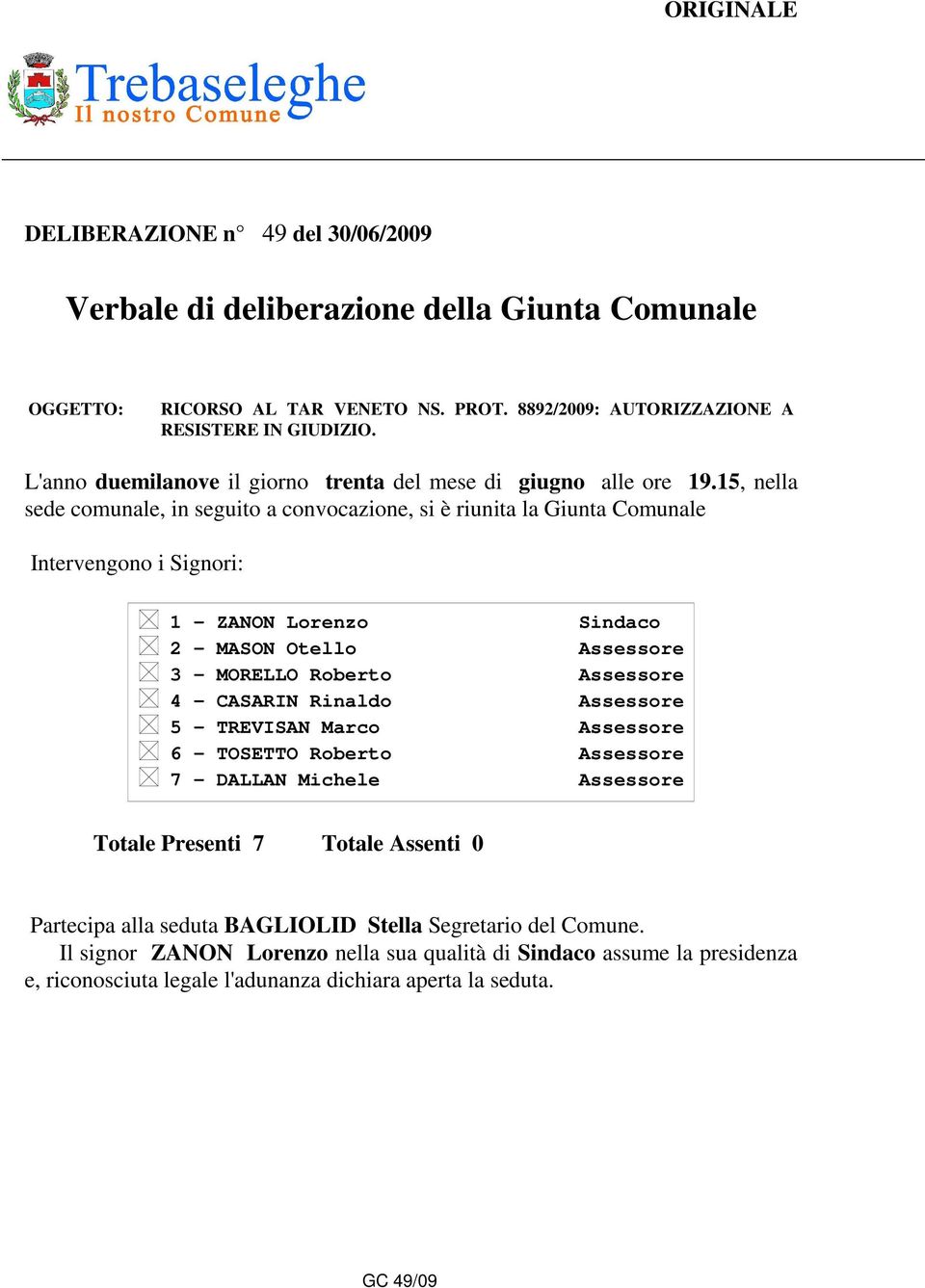 15, nella sede comunale, in seguito a convocazione, si è riunita la Giunta Comunale Intervengono i Signori: 1 - ZANON Lorenzo Sindaco 2 - MASON Otello Assessore 3 - MORELLO Roberto Assessore 4 -