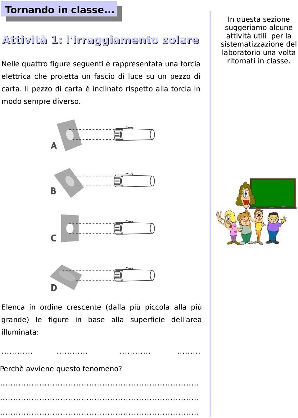 su un pezzo di carta. Il pezzo di carta è inclinato rispetto alla torcia in modo sempre diverso.