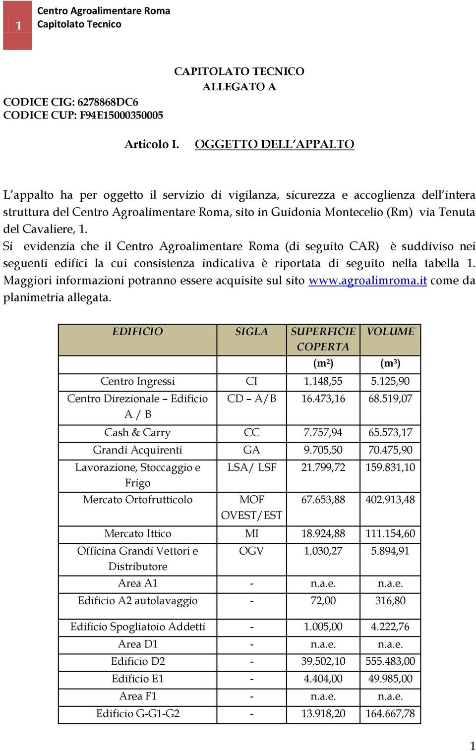 Si evidenzia che il (di seguito CAR) è suddiviso nei seguenti edifici la cui consistenza indicativa è riportata di seguito nella tabella 1.