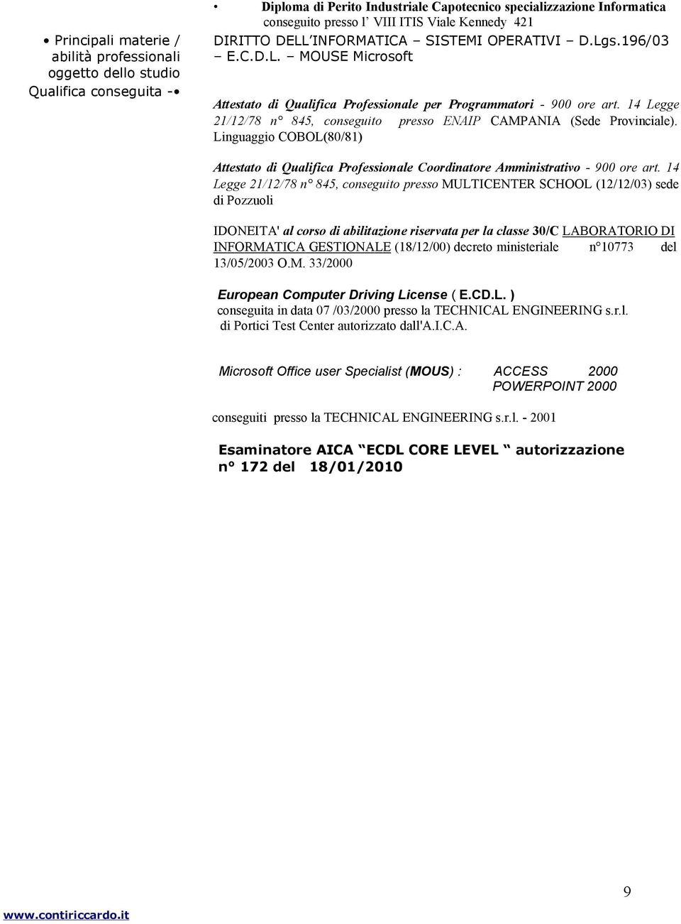 14 Legge 21/12/78 n 845, conseguito presso ENAIP CAMPANIA (Sede Provinciale). Linguaggio COBOL(80/81) Attestato di Qualifica Professionale Coordinatore Amministrativo - 900 ore art.