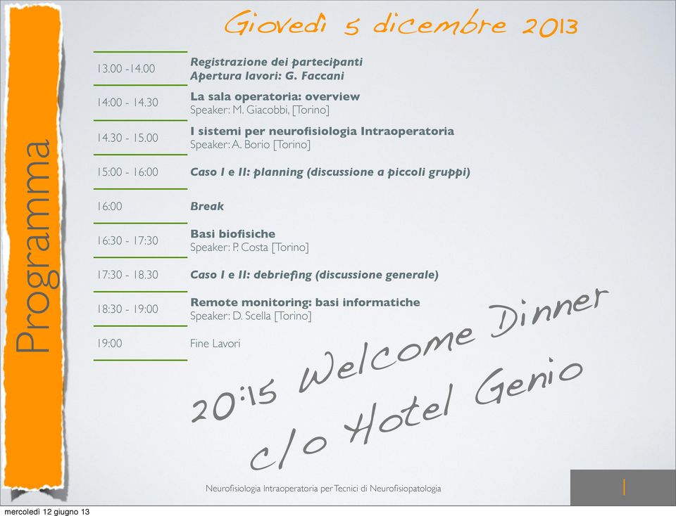 Borio [Torino] 15:00-16:00 Caso I e II: planning (discussione a piccoli gruppi) 16:00 Break 16:30-17:30 Basi biofisiche Speaker: P.