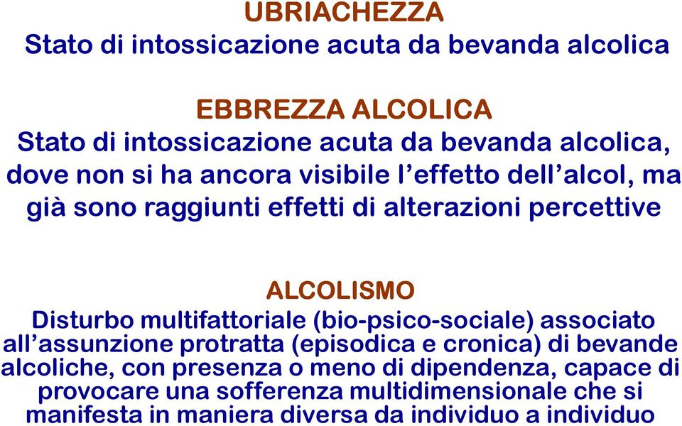multifattoriale (bio-psico-sociale) associato all assunzione protratta (episodica e cronica) di bevande alcoliche, con presenza o