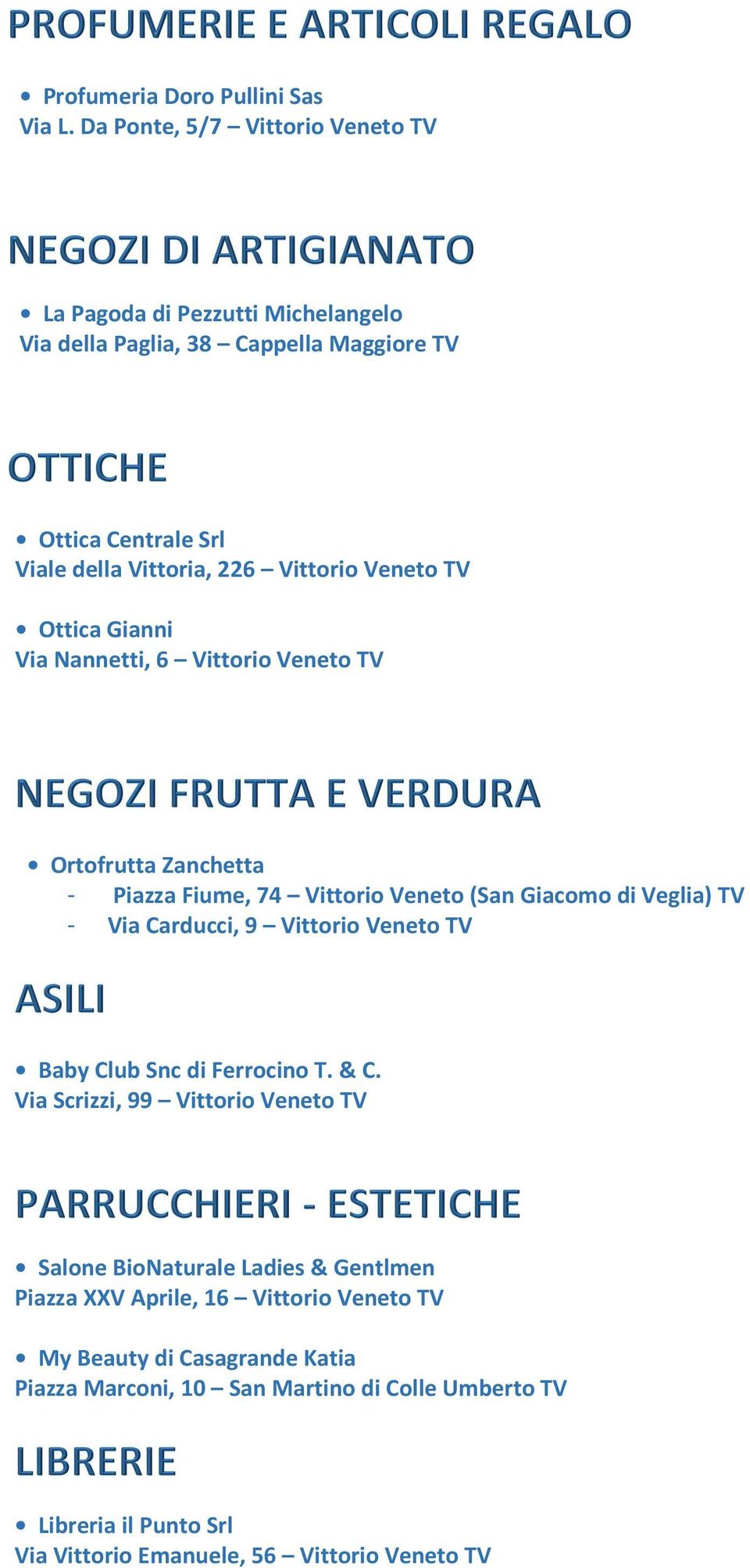 Veneto TV Ottica Gianni Via Nannetti, 6 Vittorio Veneto TV Ortofrutta Zanchetta - Piazza Fiume, 74 Vittorio Veneto (San Giacomo di Veglia) TV - Via Carducci, 9 Vittorio