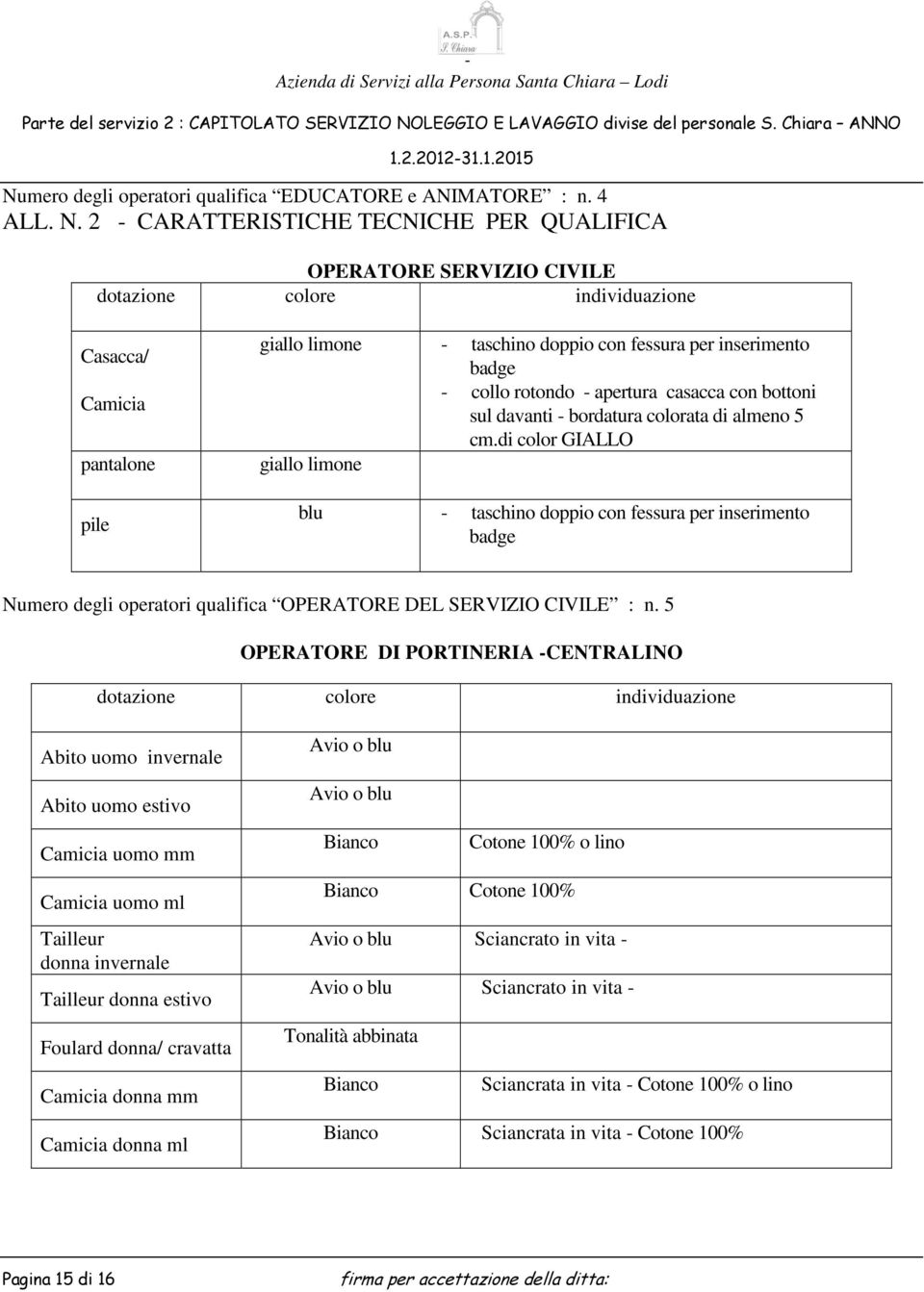 2 CARATTERISTICHE TECNICHE PER OPERATORE SERVIZIO CIVILE Casacca/ Camicia giallo limone taschino doppio con fessura per inserimento collo rotondo apertura casacca con bottoni sul davanti bordatura