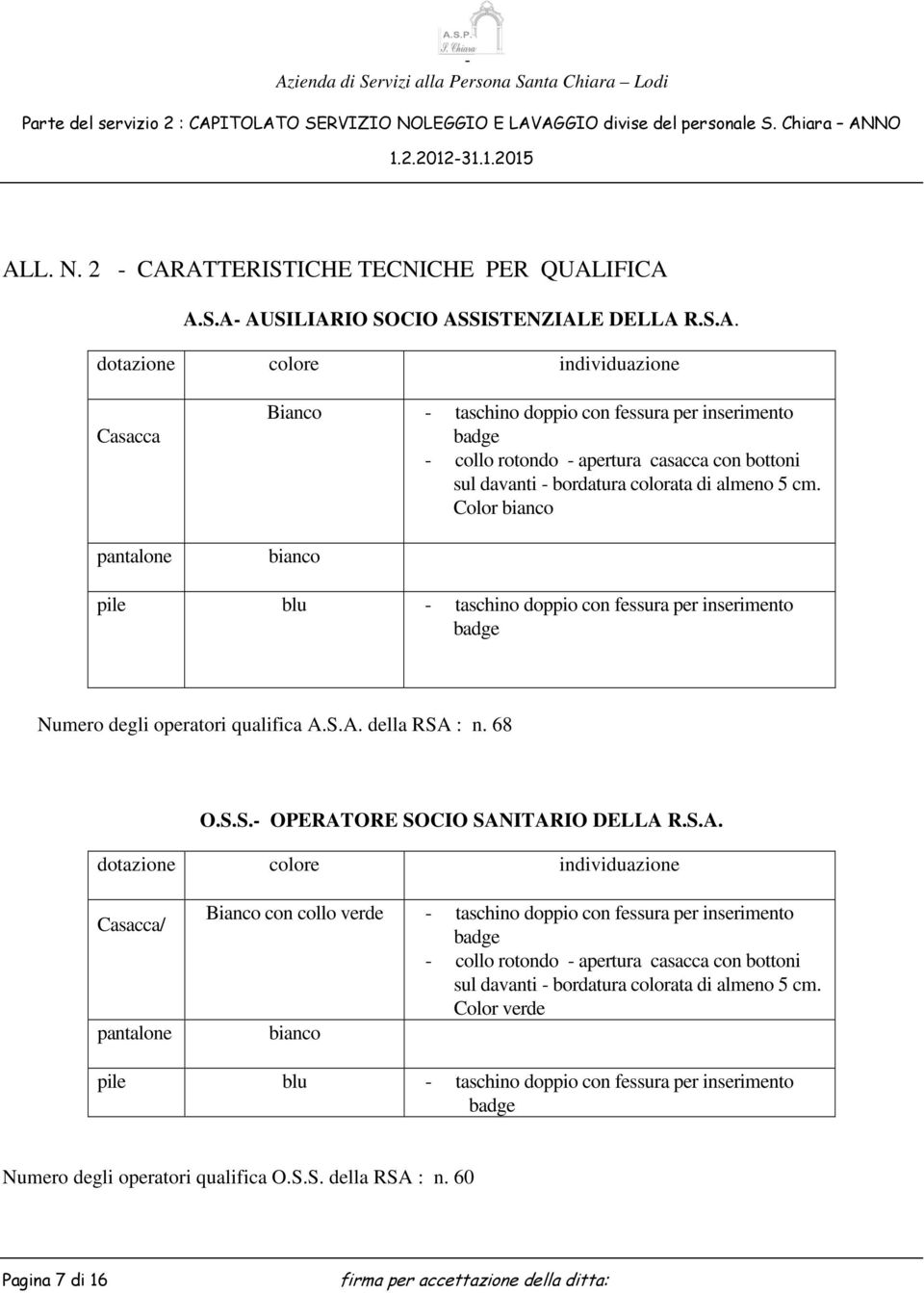 S.A. della RSA : n. 68 O.S.S. OPERATORE SOCIO SANITARIO DELLA R.S.A. Casacca/ Bianco con collo verde taschino doppio con fessura per inserimento collo rotondo apertura casacca con bottoni sul davanti bordatura colorata di almeno 5 cm.