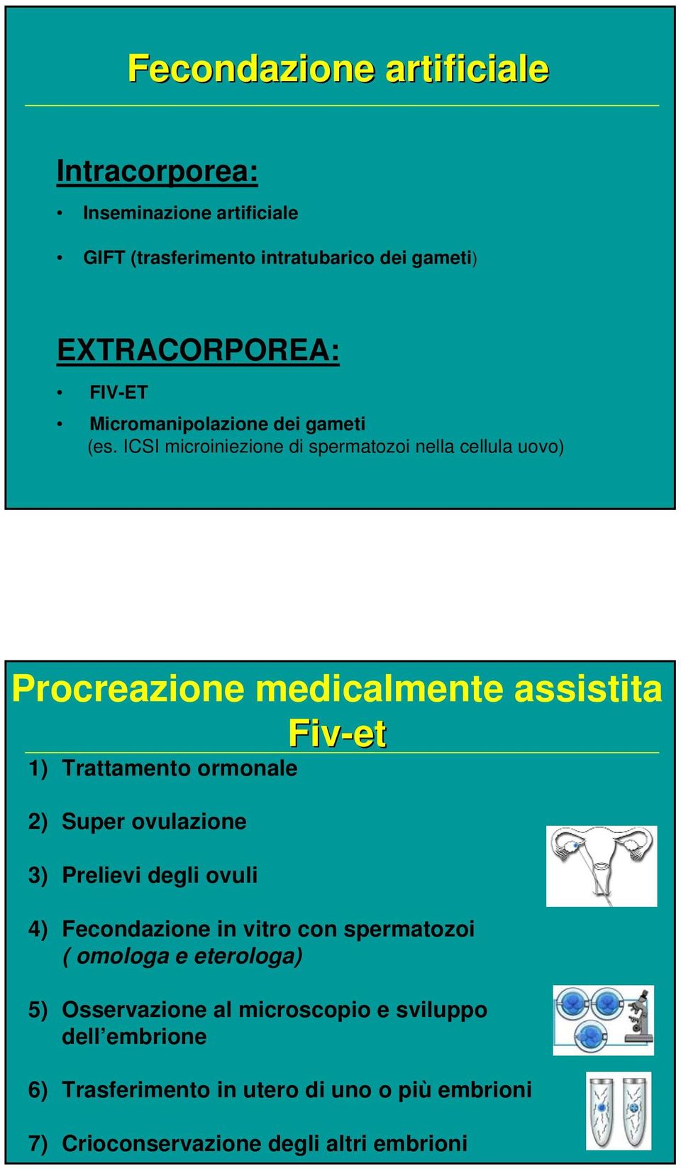 ICSI microiniezione di spermatozoi nella cellula uovo) Procreazione medicalmente assistita Fiv-et 1) Trattamento ormonale 2) Super