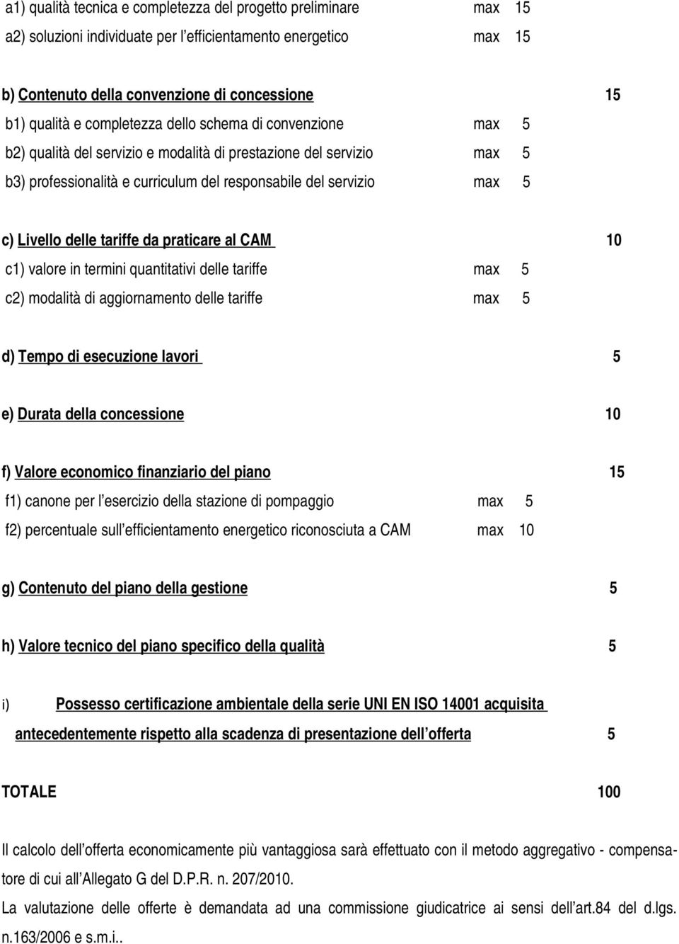 delle tariffe da praticare al CAM 10 c1) valore in termini quantitativi delle tariffe max 5 c2) modalità di aggiornamento delle tariffe max 5 d) Tempo di esecuzione lavori 5 e) Durata della