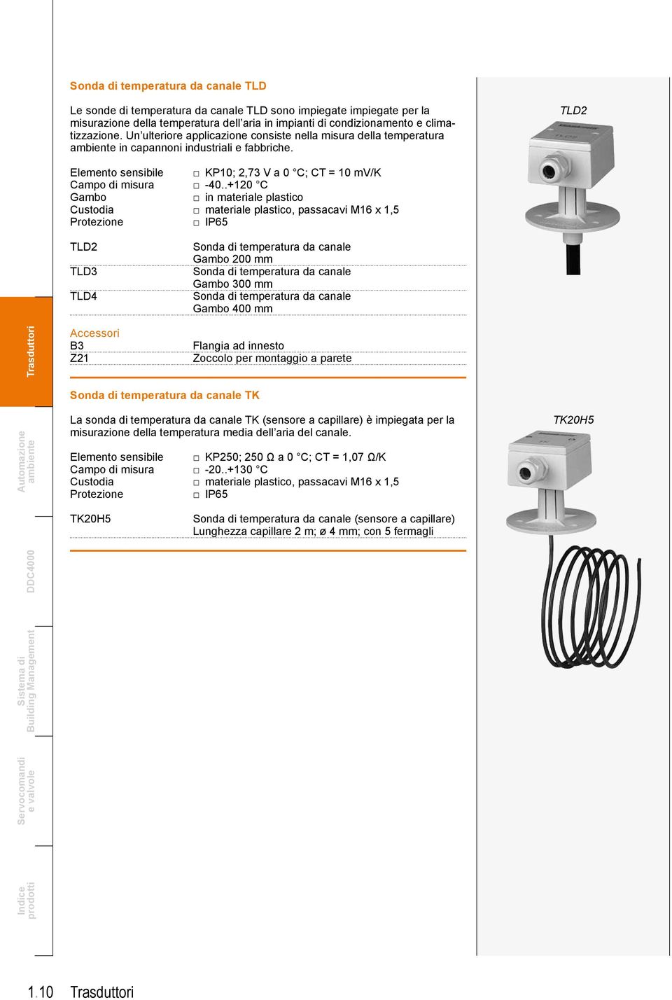 .+120 C in materiale plastico materiale plastico, passacavi M16 x 1,5 IP65 TLD2 TLD3 TLD4 Sonda di temperatura da canale 200 mm Sonda di temperatura da canale 300 mm Sonda di temperatura da canale