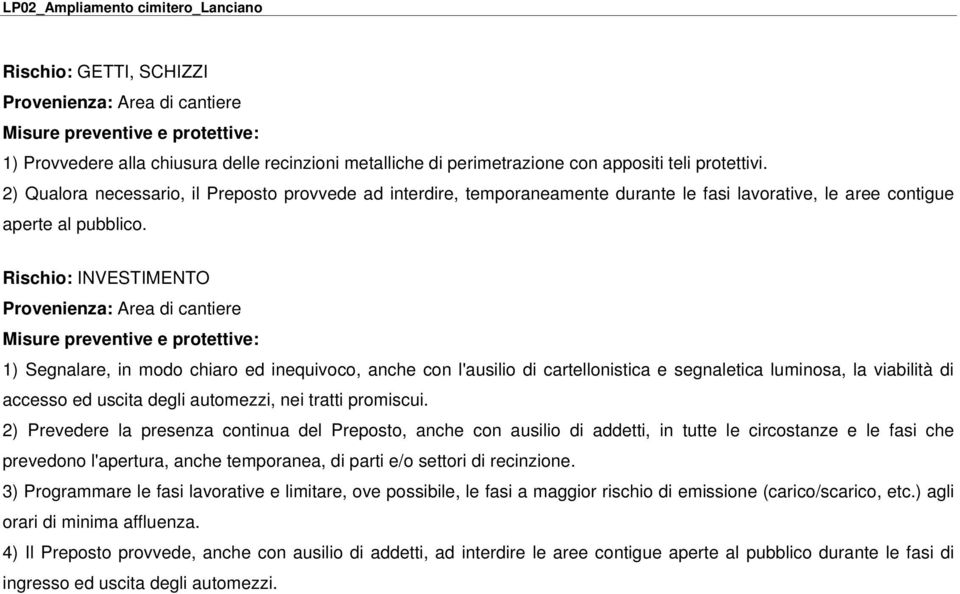 Rischio: INVESTIMENTO Provenienza: Area di cantiere Misure preventive e protettive: 1) Segnalare, in modo chiaro ed inequivoco, anche con l'ausilio di cartellonistica e segnaletica luminosa, la