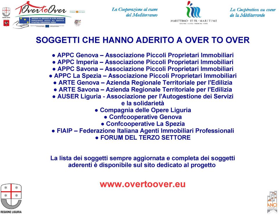 l'edilizia AUSER Liguria - Associazione per l'autogestione dei Servizi e la solidarietà Compagnia delle Opere Liguria Confcooperative Genova Confcooperative La Spezia FIAIP Federazione