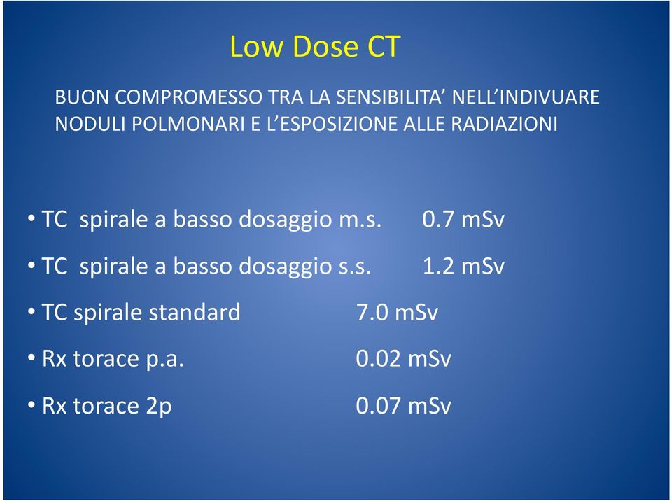 basso dosaggio m.s. 0.7 msv TC spirale a basso dosaggio s.s. 1.