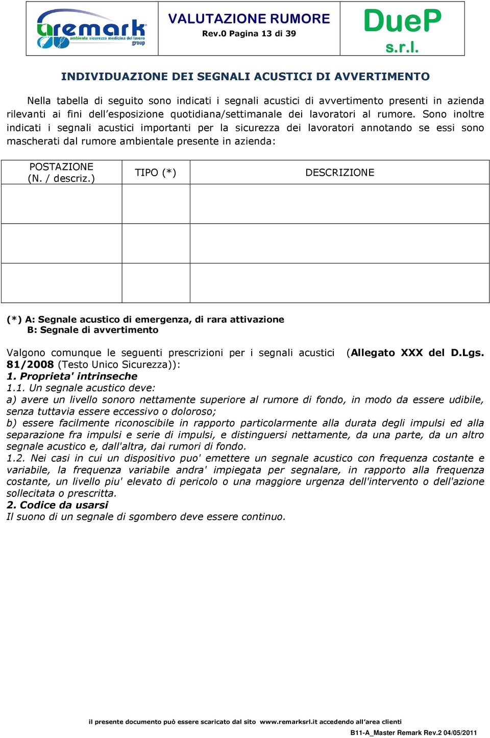 Sono inoltre indicati i segnali acustici importanti per la sicurezza dei lavoratori annotando se essi sono mascherati dal rumore ambientale presente in azienda: POSTAZIONE (N. / descriz.