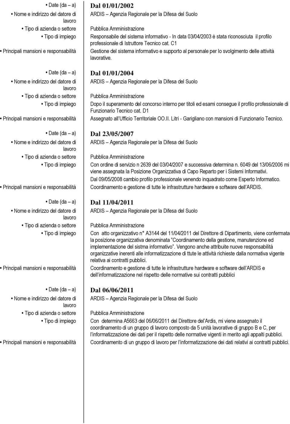 Date (da a) Dal 01/01/2004 Dopo il superamento del concorso interno per titoli ed esami consegue il profilo professionale di Funzionario Tecnico cat. D1 Assegnato all Ufficio Territoriale OO.II.